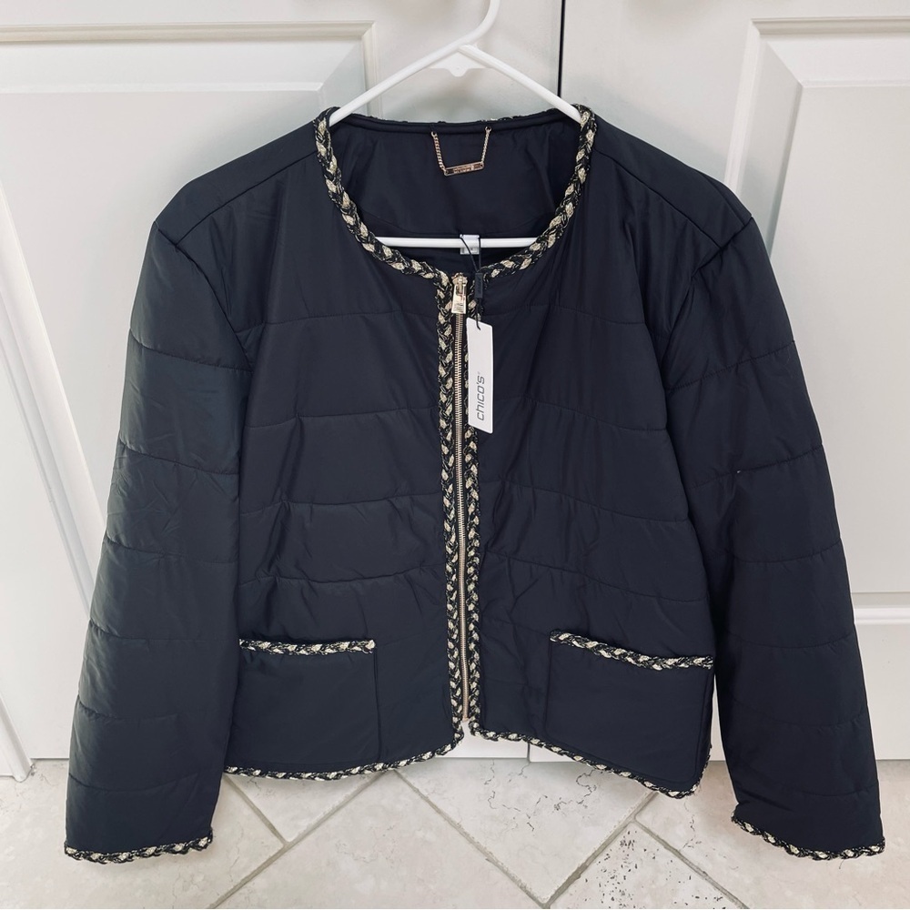 NWT Chico's Black Tweed Gold Trim
Hardware Nylon Quilted Jacket Winter Gift